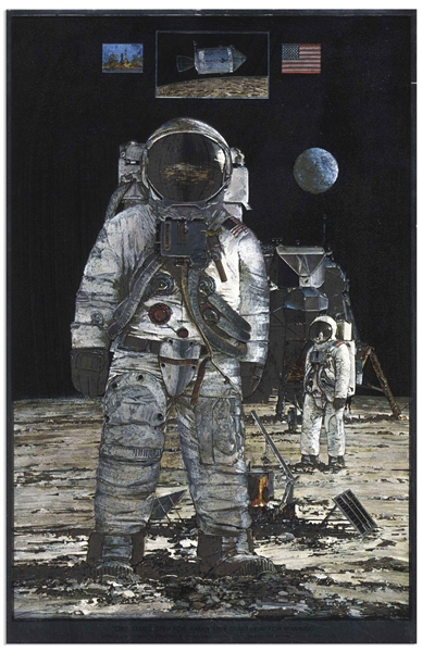 Neil Armstrong Signed Artwork of Armstrong Standing on the Lunar Surface -- Signed ''Neil Armstrong / Apollo 11'', in Near Fine Condition